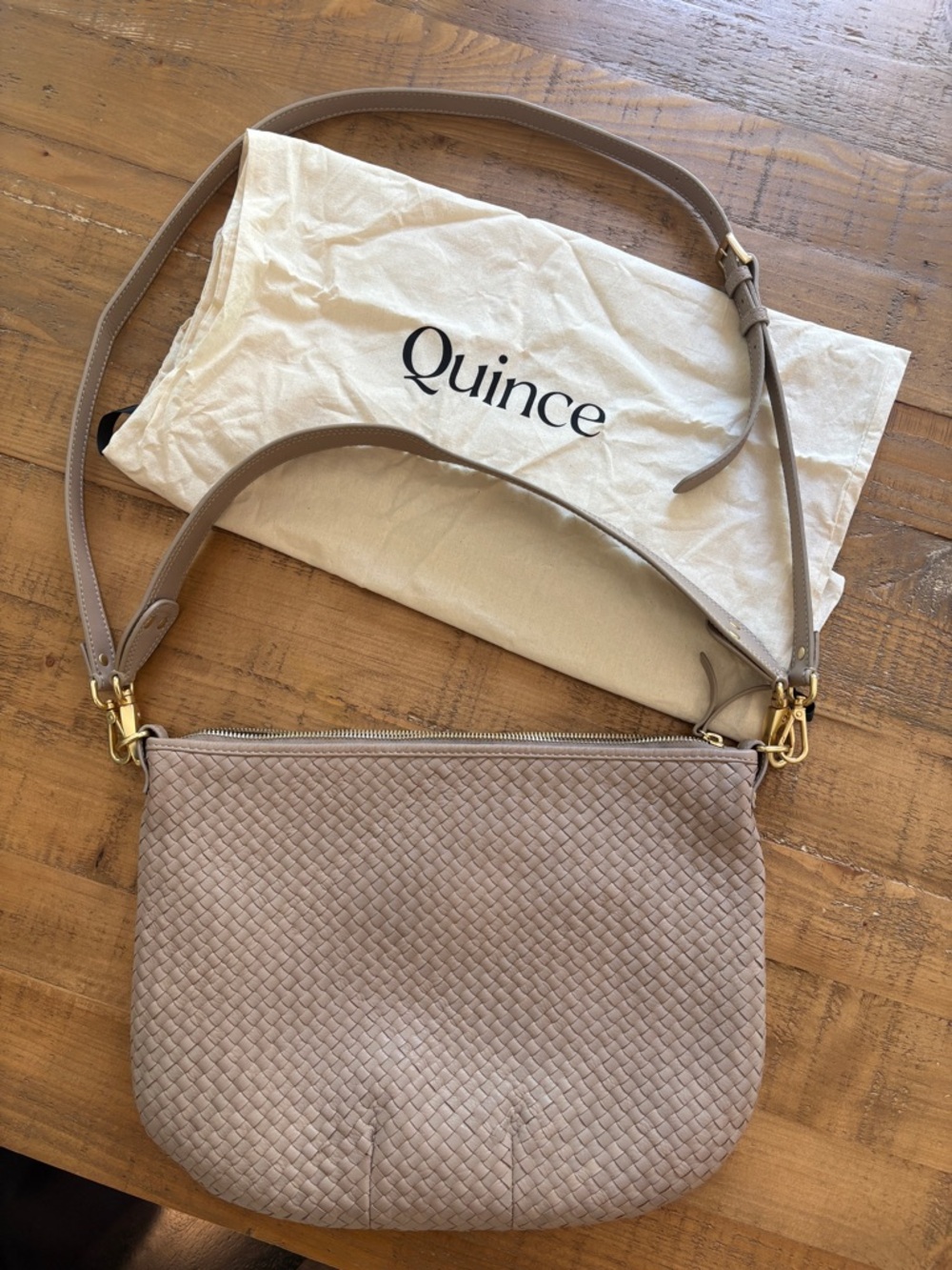 Quince Italian Leather Convertible Crescent Handwoven Shoulder Bag in Taupe